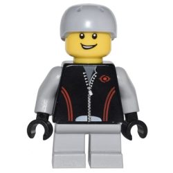   Lego figura City - Leather Jacket with Zipper, Red Lines and Logo Pattern, Light Bluish Gray Short Legs, Light Bluish Gray Sports Helmet
