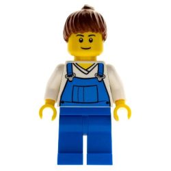   Lego figura City - Farm Hand, Female, Overalls Blue over V-Neck Shirt, Thin Smile