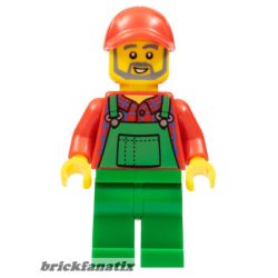   Lego figura City - Farmer - Red Cap and Flannel Shirt, Dark Bluish Gray Beard, Green Overalls