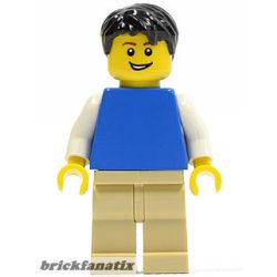   Lego figura Town - Plain Blue Torso with White Arms, Tan Legs, Black Short Tousled Hair