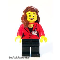   Lego figura Speed Champions - Camerawoman - Red Suit Jacket with Press Pass, Black Legs, Reddish Brown Female Hair over Shoulder, Open Mouth Smile with Peach Lips