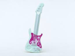 Lego Minifigure, Utensil Guitar Electric with White Pickguard with Stars and Metallic Pink Strings, Bridge and Output Jack Pattern