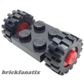   Lego Plate, Modified 2 x 2 with Red Wheels with Black Tires 15mm D. x 6mm Offset Tread Small (122c01 / 3641), Black