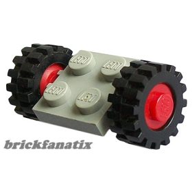   Lego Plate, Modified 2 x 2 with Red Wheels with Black Tires 15mm D. x 6mm Offset Tread Small (122c01 / 3641), Light gray