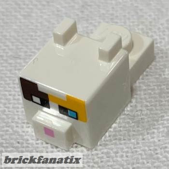 Lego Creature Head Pixelated with Ears, Nose, and Face with Dark Brown and Bright Light Orange Spots Pattern (Minecraft Calico Cat), White