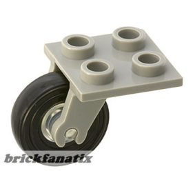   Lego Plate, Modified 2 x 2 Thin with Plane Single Wheel Holder and Trans-Clear Wheel with Black Tire 14mm D. x 4mm Smooth Small Single (2415 / 3464c01)