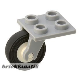   Lego Plate, Modified 2 x 2 Thin with Plane Single Wheel Holder with White Wheel with Black Tire 14mm D. x 4mm Smooth Small Single (2415 / 3464c01), Light grey