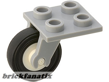 Lego Plate, Modified 2 x 2 Thin with Plane Single Wheel Holder with White Wheel with Black Tire 14mm D. x 4mm Smooth Small Single (2415 / 3464c01), Light grey