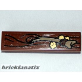   Lego Tile 1 x 4 with Wood Grain, Bone and 3 Gold Pieces Pattern (Sticker) - Set 79010, Dark brown