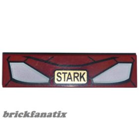   Lego Tile 1 x 4 with Iron Man Mask and Gold 'STARK' Pattern, Dark red