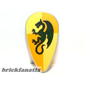   Lego Minifigure, Shield Oval with Dark Green Dragon on Bright Light Orange and Bright Light Yellow Quarters Background Pattern