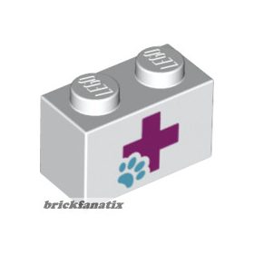 Lego Brick 1 x 2 with Magenta Cross and Animal Paw Pattern
