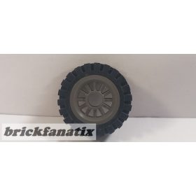   Lego Wheel Spoked 2 x 2 with Pin Hole with Black Tire 24mm D. x 8mm Offset Tread - Interior Ridges (30155 / 3483), Dark bluish gray