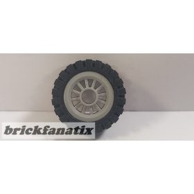   Lego Wheel Spoked 2 x 2 with Pin Hole with Black Tire 24mm D. x 8mm Offset Tread - Interior Ridges (30155 / 3483), Light bluish gray
