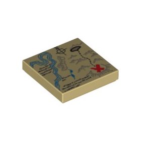   Lego Tile 2 x 2 with Groove with Map River, Dark Tan Mountains, Handwriting and Red 'X' Pattern