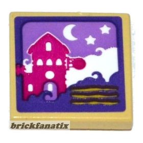   Lego Tile 2 x 2 with Groove with House, Moon and Stars Scene Pattern (Sticker) - Set 41176