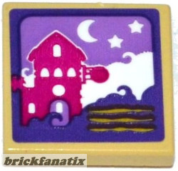 Lego Tile 2 x 2 with Groove with House, Moon and Stars Scene Pattern (Sticker) - Set 41176