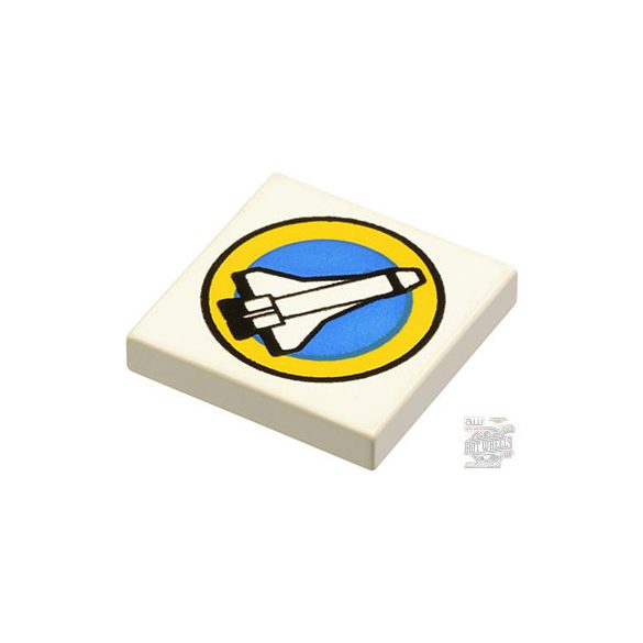 Lego Flat Tile 2x2 with Space Port Logo, Shuttle and Yellow Circle, White