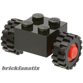   Lego Brick, Modified 2 x 2 with Red Wheels for Single Tire with Black Tires 15mm D. x 6mm Offset Tread Small (3137c01 / 3641)