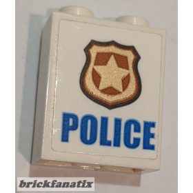   Lego Brick 1 x 2 x 2 with Inside Stud Holder with Blue 'POLICE', Gold and Copper Badge Pattern (Sticker) - Set 60139, White