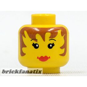   Lego Minifigure, Head Female Brown Hair down Sides, Red Lips Pattern - Blocked Open Stud