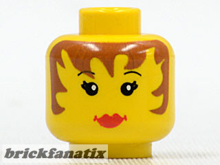Lego figura head - Minifigure, Head Female Brown Hair down Sides, Red Lips Pattern - Blocked Open Stud