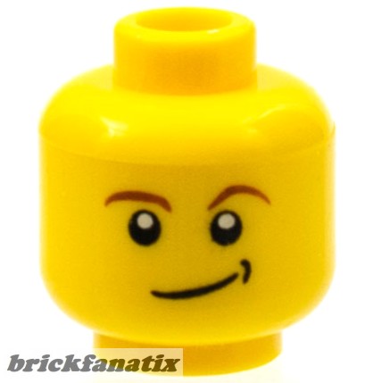 Lego Minifigure, Head Reddish Brown Eyebrows, White Pupils, Lopsided Smile with Black Dimple Pattern - Blocked Open Stud