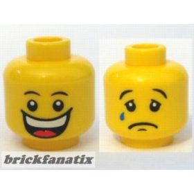   Lego Minifigure, Head Dual Sided Huge Grin, White Pupils, Eyebrows / Sad with Tear, Convex Eyebrows Pattern - Blocked Open Stud