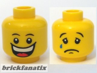 Lego Minifigure, Head Dual Sided Huge Grin, White Pupils, Eyebrows / Sad with Tear, Convex Eyebrows Pattern - Blocked Open Stud