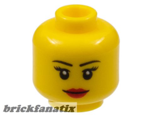 Lego figura head - Minifigure, Head Female Black Thin Eyebrows, Eyelashes, Red Lips, Grin Pattern