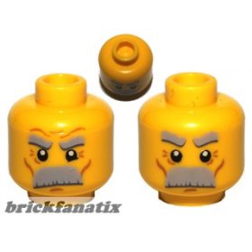   Lego Minifigure, Head Dual Sided Thick Gray Moustache and Eyebrows, Determined / Angry Pattern - Hollow Stud
