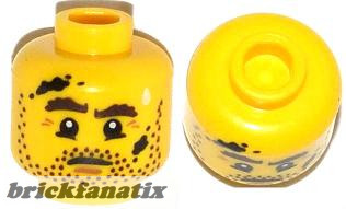Lego figura head - Head Beard Stubble, Brown Eyebrows, Drop of Sweat and Black Stains Pattern - Hollow Stud