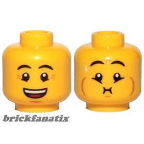   Lego Minifigure, Head Dual Sided Eyebrows, Crow's Feet, Open Mouth Smile / Queasy Expression with Sweat Drop Pattern - Hollow Stud
