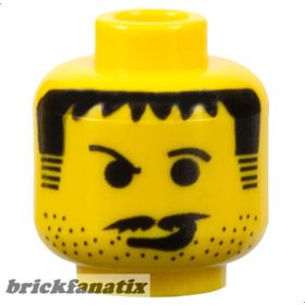   Lego Minifigure, Head Black Hair, Sideburns, Eyebrows, Moustache, Smirk, and Stubble Pattern