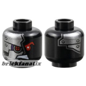   Lego Minifigure, Head Alien with Red Mechanical Right Eye, Bared Teeth, and Silver Plates with Rivets on Front and Back Pattern