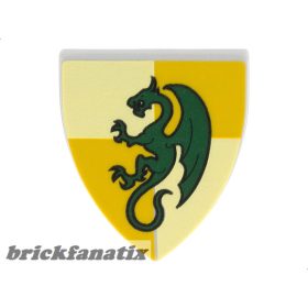   Lego Minifigure, Shield Triangular Short with Dark Green Dragon on Bright Light Yellow and Bright Light Orange Quarters Background Pattern