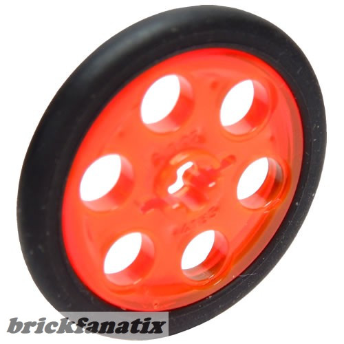 Lego Technic Wedge Belt Wheel (Pulley) with Black Technic Wedge Belt Wheel Tire (4185 / 2815), Trans neon orange