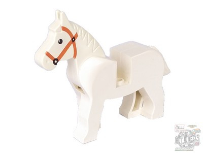 Lego Horse with Black Eyes, White Pupils and Dark Orange Bridle Pattern, White