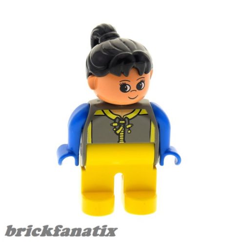 Lego Duplo Figure, Female, Yellow Legs, Dark Gray Top with Yellow Zipper and Blue Arms, Black Ponytail