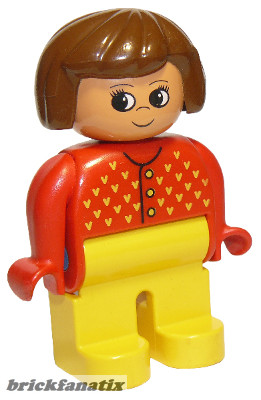 Lego Duplo Figure Female, Yellow Legs, Red Sweater with Yellow V Stitching, Brown Hair, Turned Up Nose