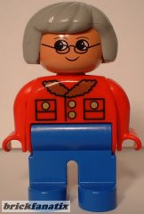 Lego Duplo Figure, Female, Blue Legs, Red Jacket, Light Gray Hair, Glasses