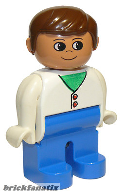 Lego Duplo Figure, Male, Blue Legs, White Two Button Cardigan, Brown Hair (75466)