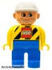 Lego Duplo Figure, Male, Blue Legs, Yellow Top with Black Stripes and Lego Logo, Construction Hat White