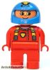 Lego Duplo Figure, Male, Red Legs, Red Top with Cat Eye Racer Logo, Blue Helmet