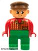 Lego Duplo Figure, Male, Green Legs, Red Top Plaid, Brown Cap