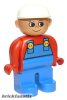 Lego Duplo Figure, Male, Blue Legs, Red Top with Blue Overalls, Construction Hat White, Turned Up Nose