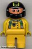 Lego Duplo Figure, Male, Yellow Legs, Yellow Top with Green Racer Suspenders, Black Helmet with Stripes and Bear Pattern