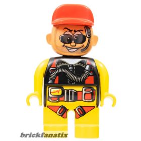  Lego Duplo Figure Male Action Wheeler, Yellow Legs, Yellow Top with Yellow/Black/Red Parachute, Red Cap, Beard, Sunglasses and Headphone
