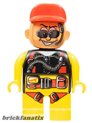 Lego Duplo Figure Male Action Wheeler, Yellow Legs, Yellow Top with Yellow/Black/Red Parachute, Red Cap, Beard, Sunglasses and Headphone