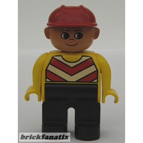   Duplo Figure Male, Black Legs, Chevron Vest, Yellow Arms, Construction Hat Red